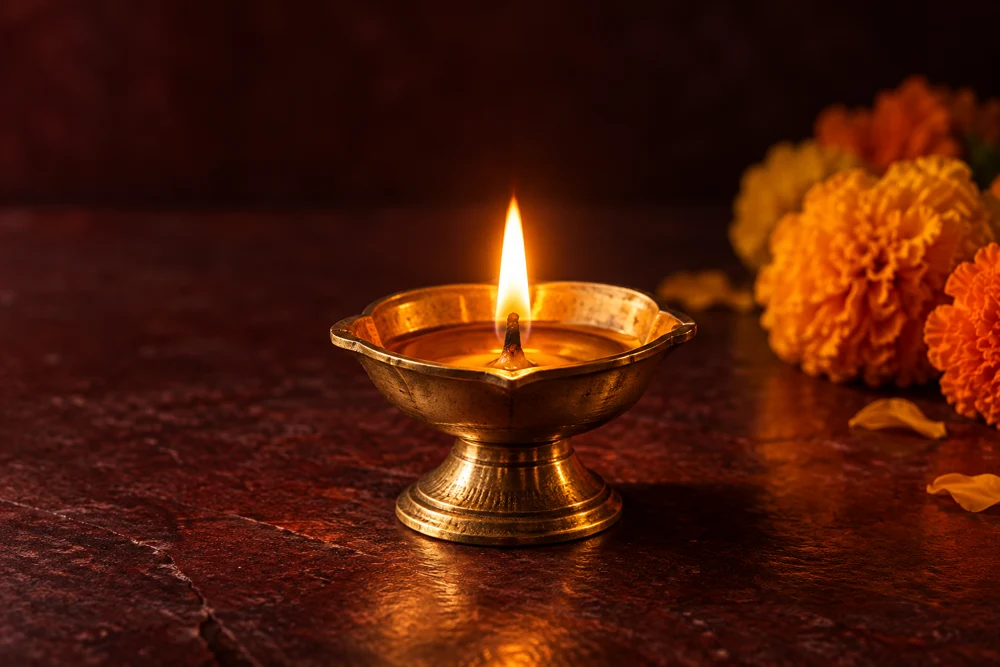 A glowing brass diya beside marigolds